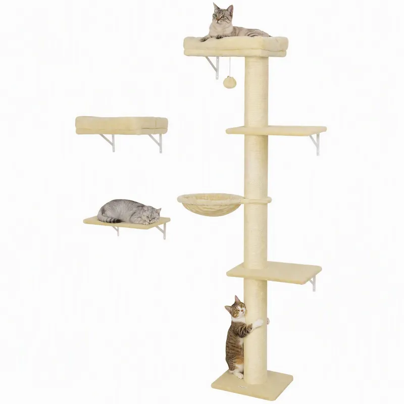 Cat Wall Shelves, 3-in-1 Cat Wall Furniture Set with Scratching Post for Indoor Kittens Climbing Sleeping, Beige