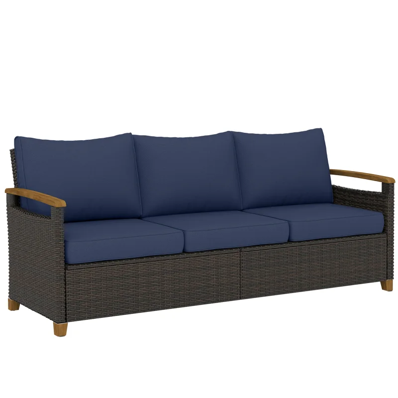 3 Seater Outdoor Couch Sofa, PE Wicker Patio Sofa, Wide Deep Seat, 4" Cushions, Wood-Effect Armrests Legs, Dark Blue