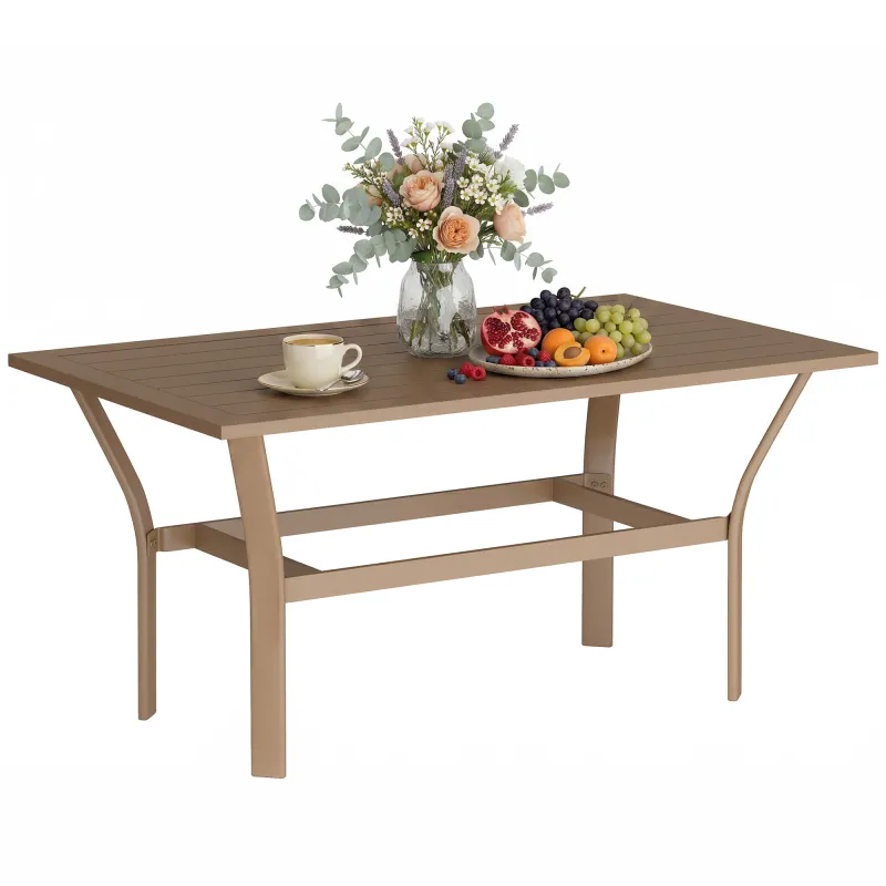 Outdoor Coffee Table with Slatted Tabletop, All-Weather Rectangle Metal Patio Coffee Table for Garden, Brown
