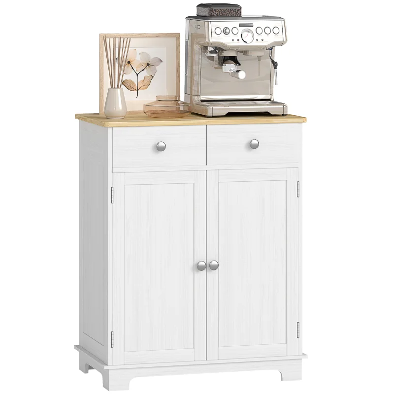 Kitchen Storage Cabinet, Sideboard Floor Cupboard with Solid Wood Top, Adjustable Shelf, and 2 Drawers, Distressed White