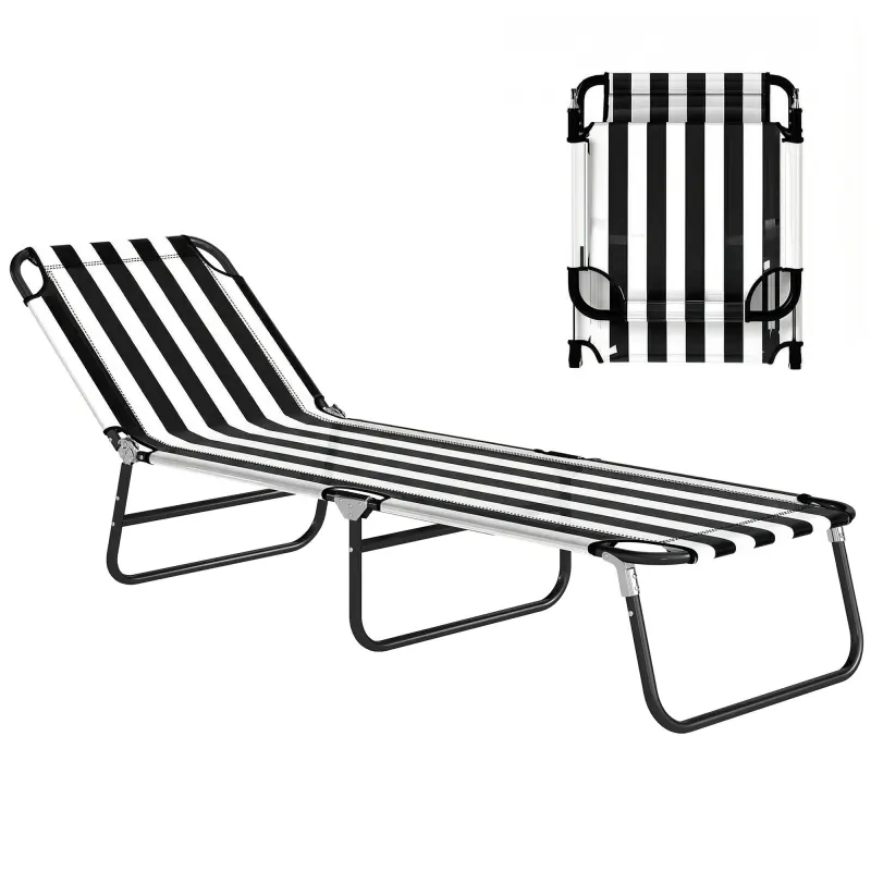 Portable Folding Adjustable Sun Beach Lounger / Camping Cot - Black and White