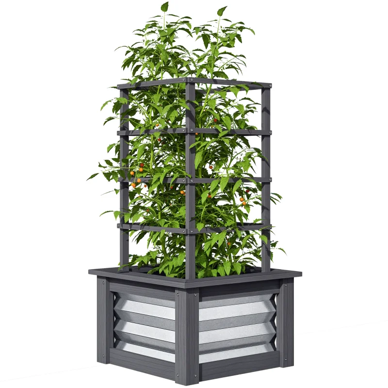 Wooden Raised Garden Bed with Trellis, Galvanized Planter Box Elevated Garden Bed for Garden, Patio, Gray