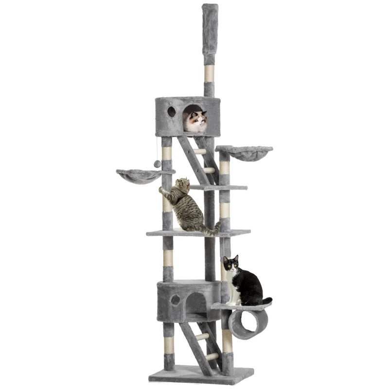 Floor to Ceiling Cat Tree, 94.5-102.5 inch Height Adjustable Cat Climbing Tower with Scratching Posts, Condos, Hammocks