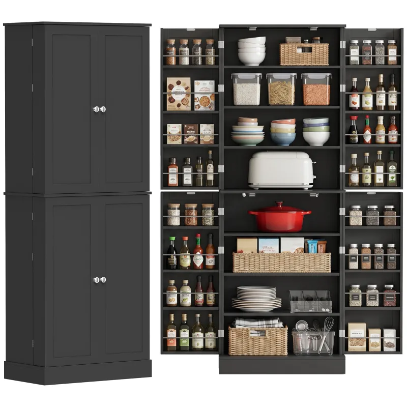 65" Kitchen Cabinet, Kitchen Pantry Cabinet with 4 Doors and 16 Door Shelves for Dining Room, Black