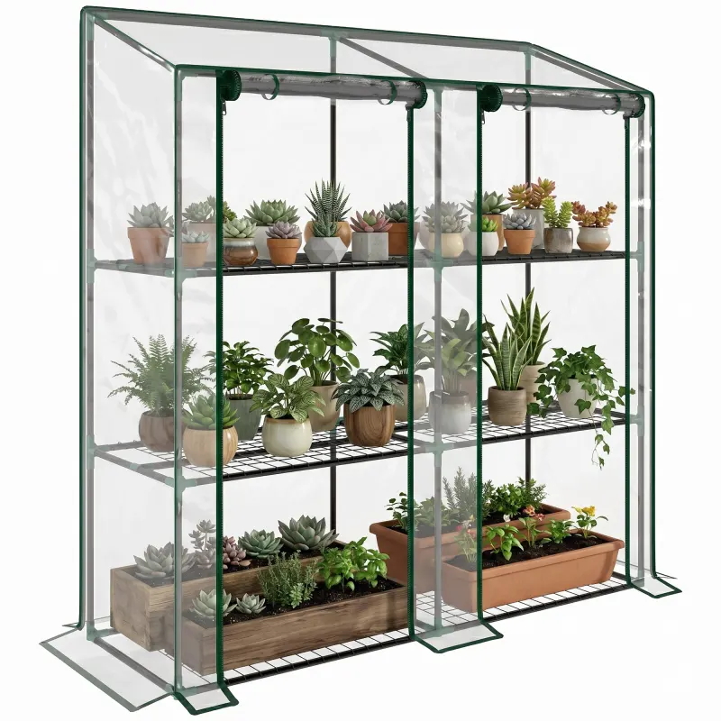 Lean-to Greenhouse, Portable Greenhouse with 3 Tier Shelves, 2 Roll-Up Zippered Doors, 56.3" x 18.1" x 59.4", Clear