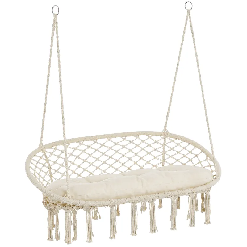 2-Person Hammock Chair Macrame Swing with Soft Cushion, Hanging Cotton Rope Chair for Indoor Outdoor Home Patio Backyard, White