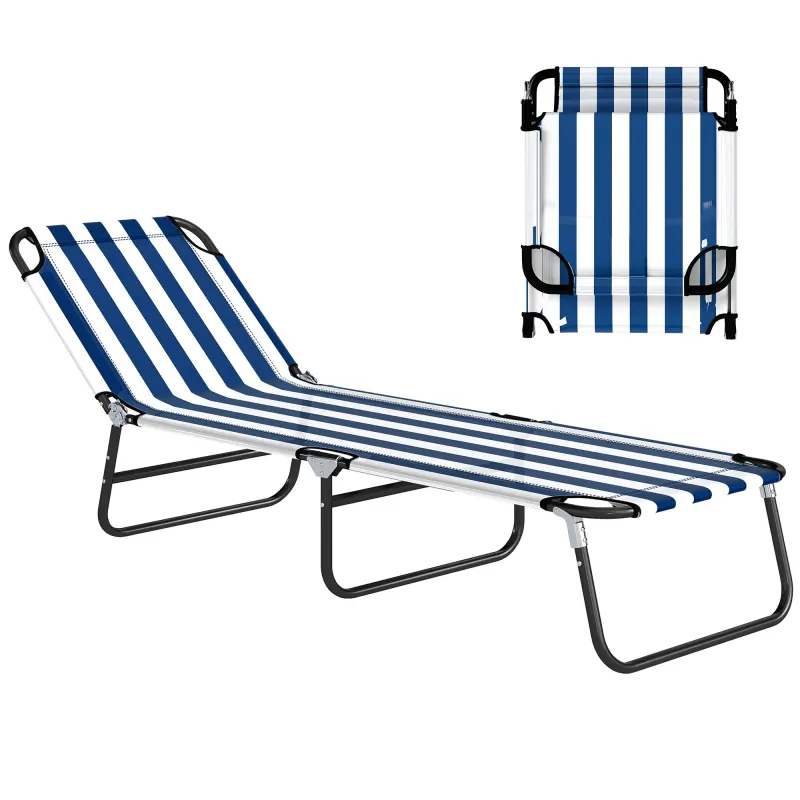 Portable Folding Adjustable Sun Beach Lounger / Camping Cot - Blue and White