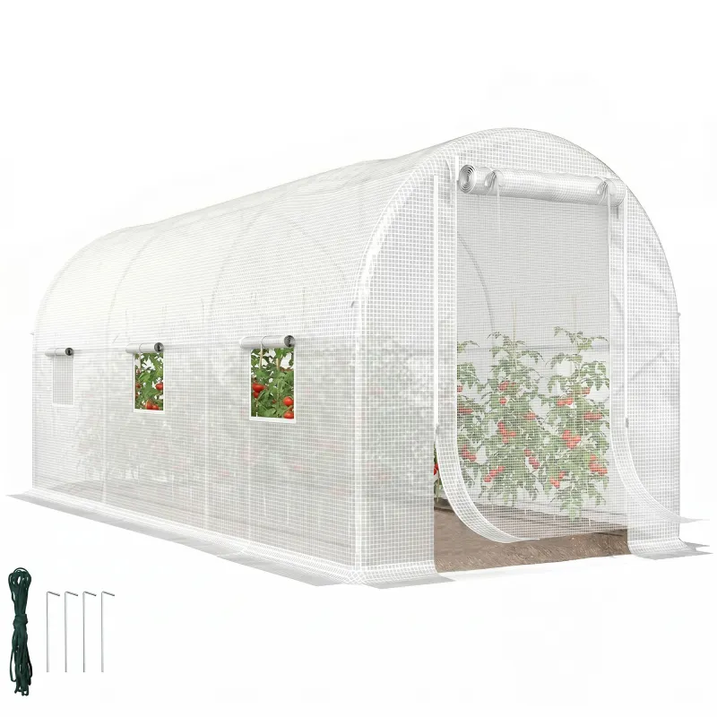 Hoop House Greenhouse, Walk-in Tunnel Greenhouse with 2 Support Rods, Zippered Roll-up Mesh Door, 14.6'x6.5'x6.6', White