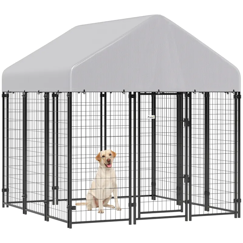 Outdoor Dog Kennel with Roof, 6' x 6' x 6' Heavy Duty Welded Wire Dog Playpen Enclosure with Escape-proof Lock