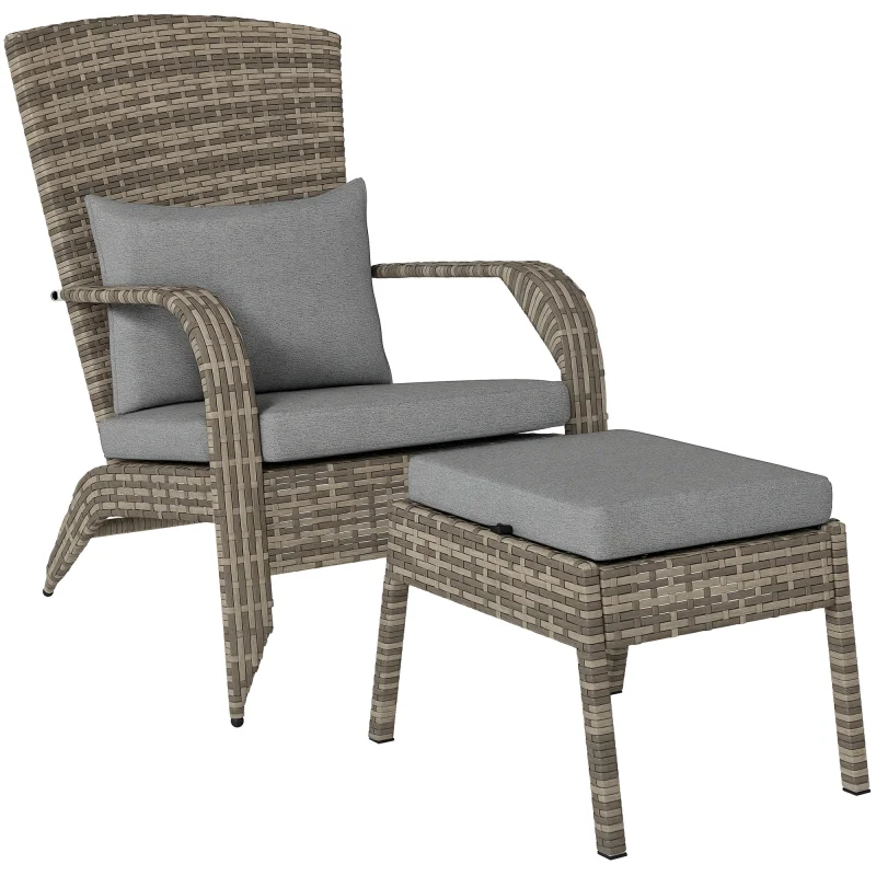 Wicker Adirondack Chair Fire Pit Chair w/ Ottoman & Cushions, Gray