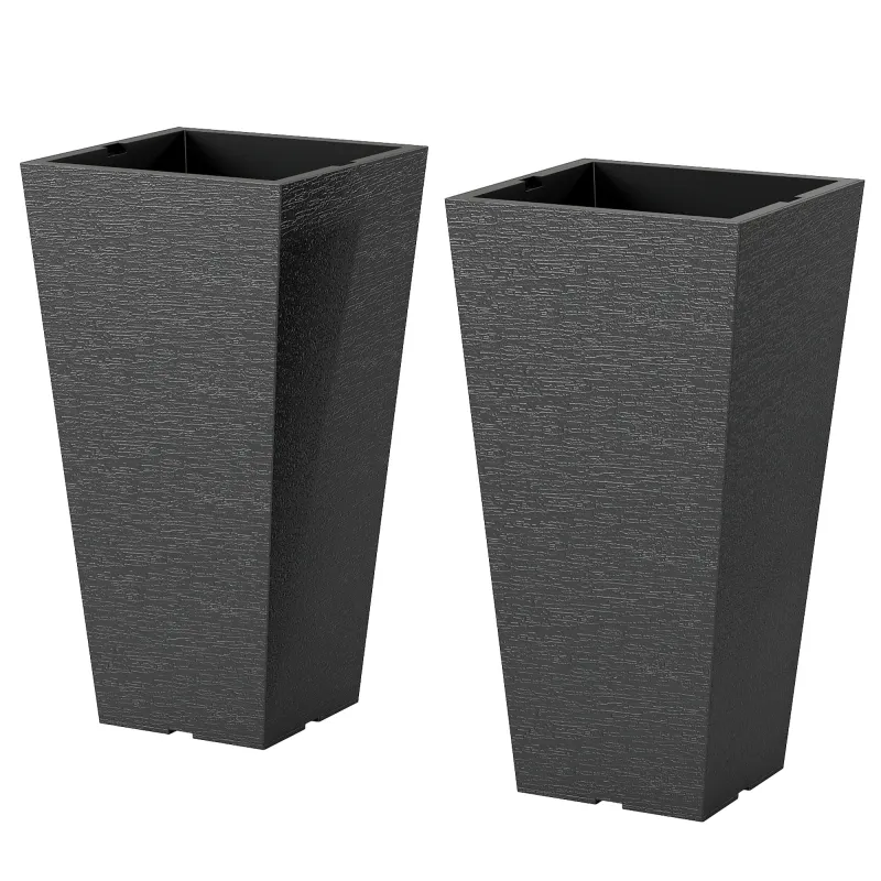 23 Inch Tall Planters for Outdoor Plants, Set of 2 Plastic Flower Pots, for Front Door Patio Garden Use, Black