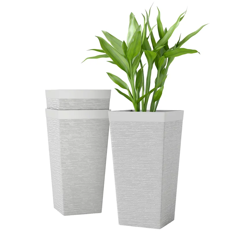22.8 Inch Set of 3 Outdoor Planters with Stone Finish and Wheels, Stackable Tapered Planters with Drainage Hole, White