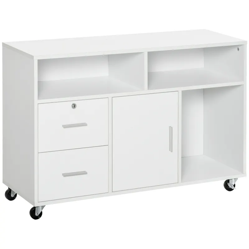 Printer Stand Home Office Mobile Storage Cabinet Organizer Desktop with Caster Wheels, 2 Locking Breaks and Drawer, White
