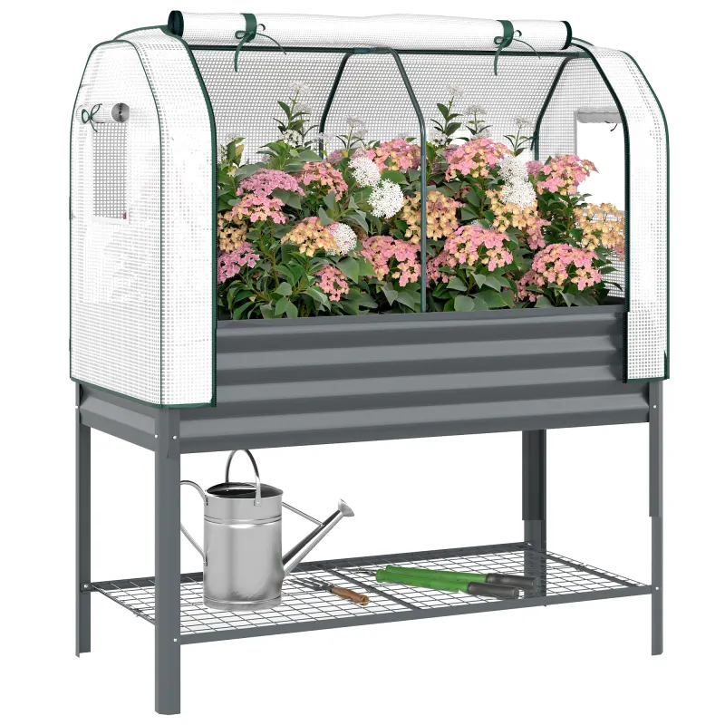 Galvanised Raised Garden Bed with Greenhouse Cover, Metal Elevated Garden Bed with Bed Liner, Bottom Shelf, Dark Gray