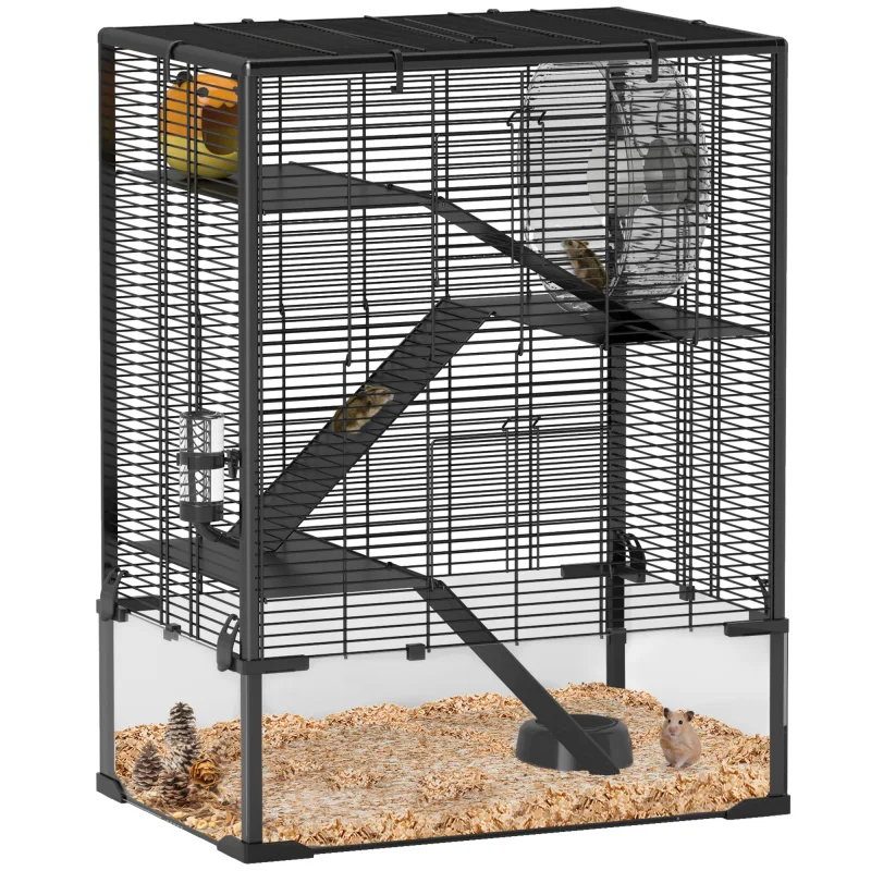 4 Tier Hamster Cage with Deep Tempered Glass Bottom, Running Wheel, Hut, Water Bottle, Food Dish, 24" x 16" x 31.5"