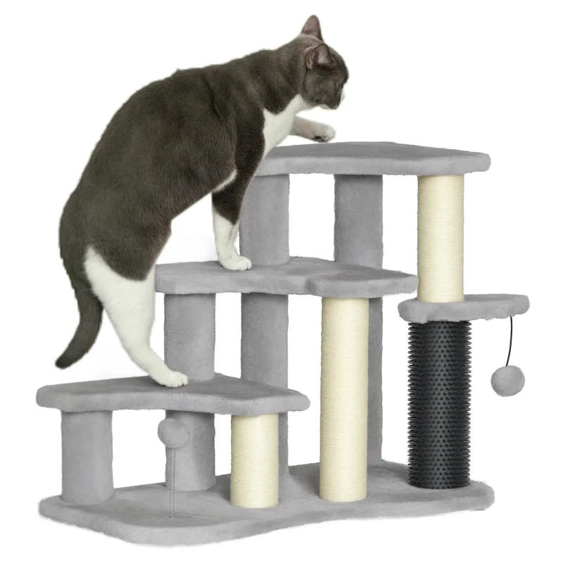 2 in 1 Cat Tree Tower 3-Step Pet Stairs with Scratching Posts, Tickling Post, Toy Balls, for High Beds, Couch