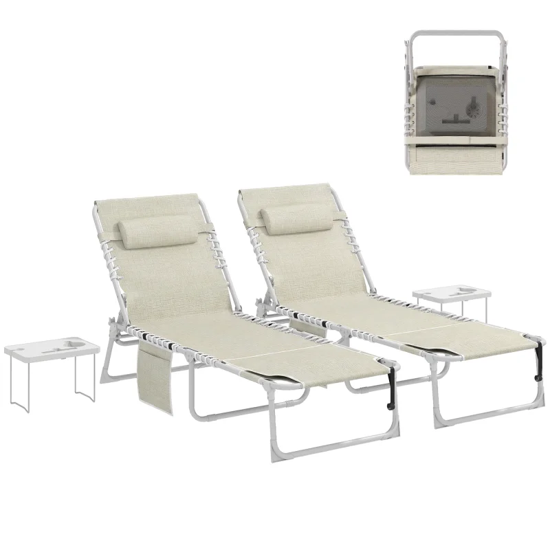 Tanning Chair Set of 2 with Face Hole and Side Table, 5-Position Folding Outdoor Chaise Lounge Chair, Beige