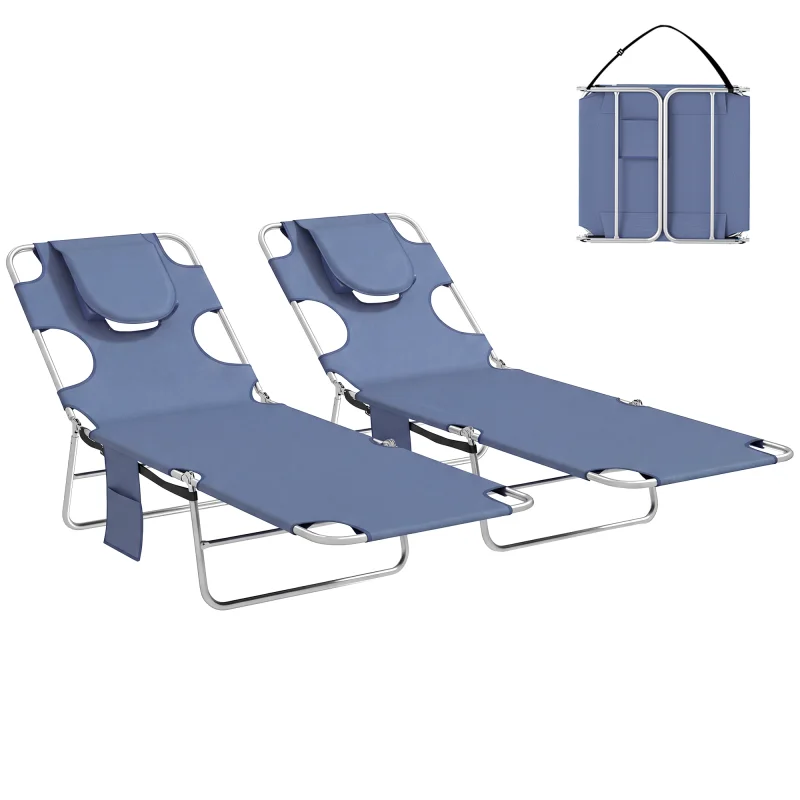 2 Tanning Chairs with Face Hole, 5-Level Adjustable Outdoor Chaise Lounge Chair with Pillow for Beach, Pool, Gray
