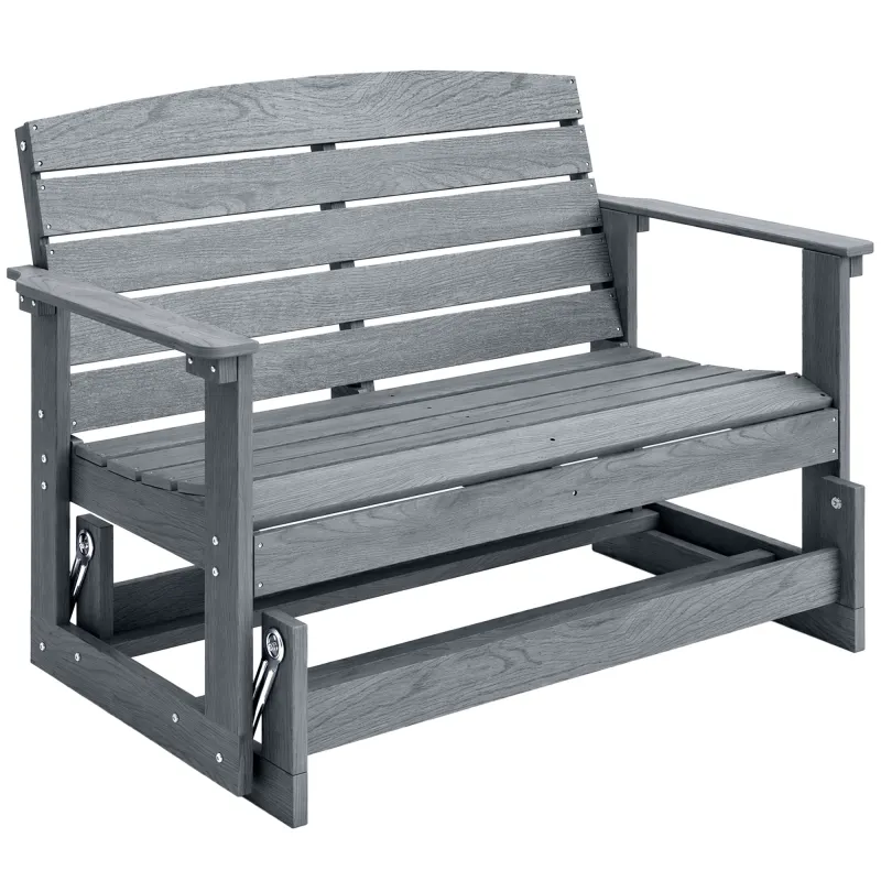 Patio Glider Bench w/ HDPE Slatted Double Rocking Chair, Distressed Gray