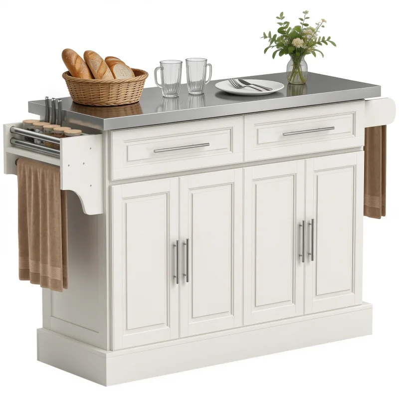 Rolling Kitchen Island with Stainless Steel Top, 2 Drawers, Spice, Knife and Towel Rack and Cabinets, Cream White