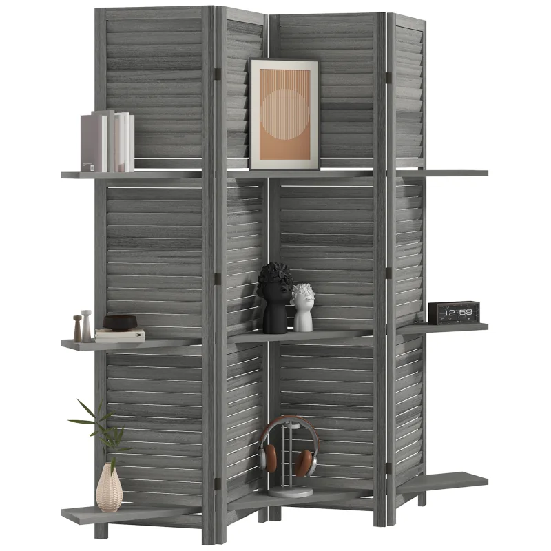 4 Panel 67" Tall Wood Privacy Screen Room Divider with 3 Shelves and Folding Storage for Bedroom, Gray