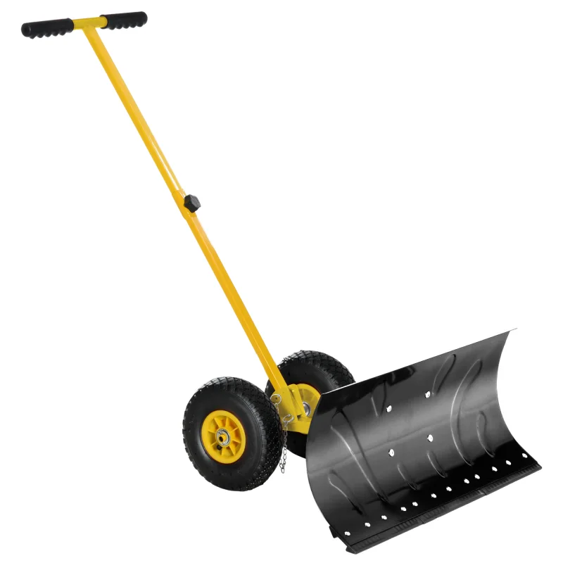 Snow Shovel, Rolling Pusher with 29" Blade, 10" Wheels & Angle-Adjustable Handle, Yellow