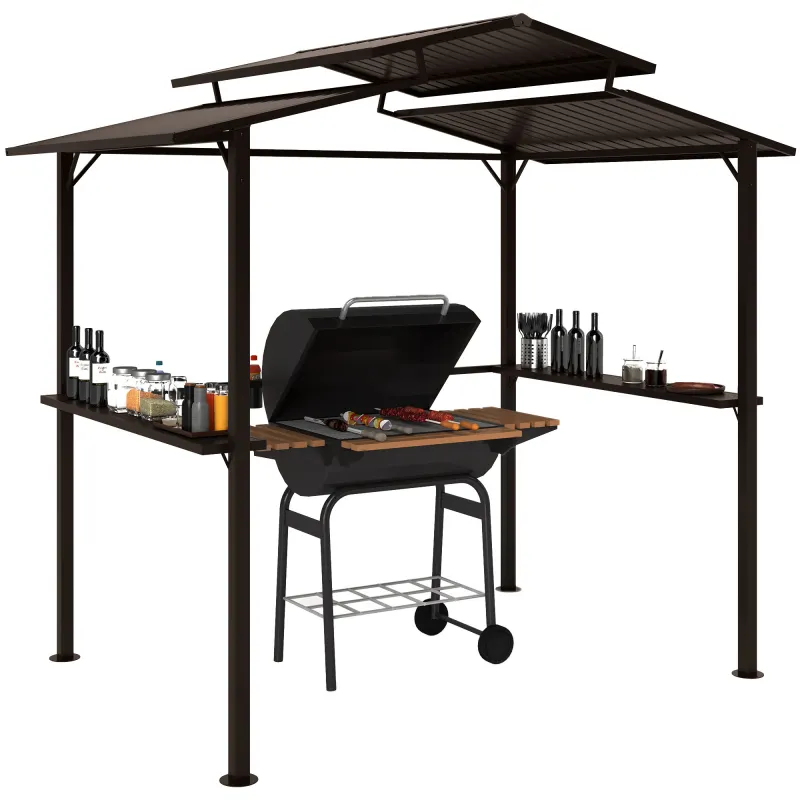 8 x 5ft Hardtop Grill Gazebo with Double Metal Roof, 2 Side Shelves and 4 Cup Holders for Patio Backyard Lawn Deck