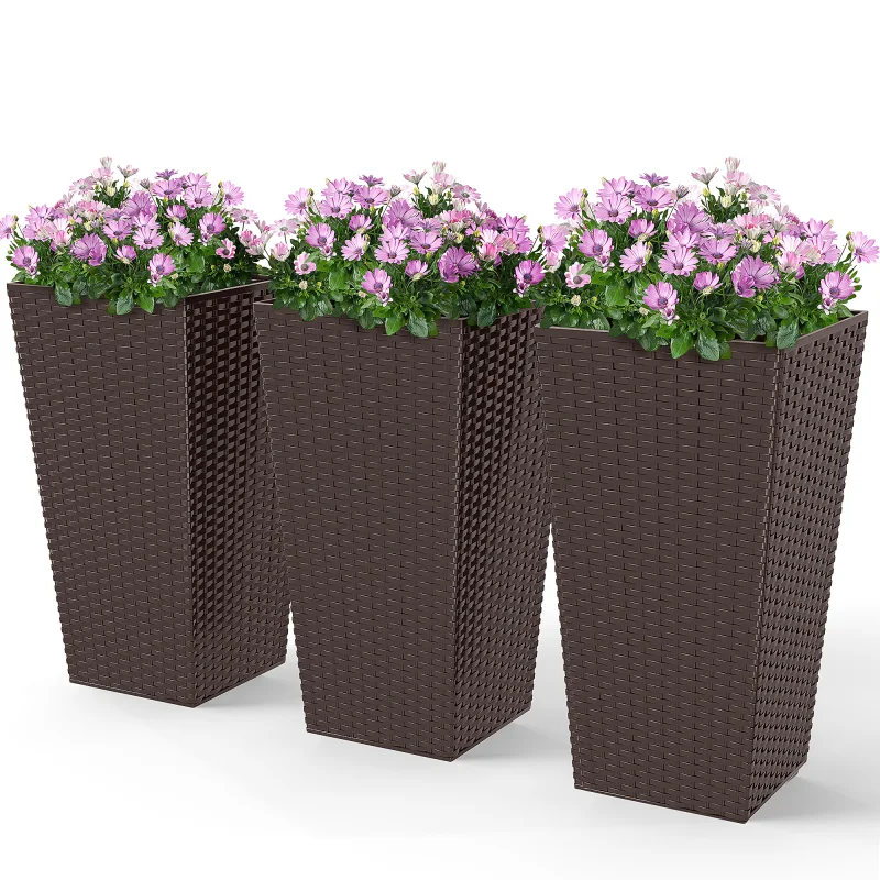 Set of 3 Tall Planters with Drainage Hole, 24" Outdoor Flower Plant Pots, Indoor Planters for Porch, Front Door, Entryway, Patio and Deck, Brown