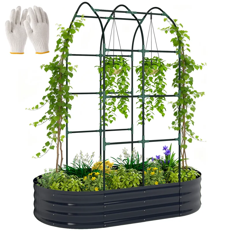 Galvanised Raised Garden Bed with Arched Trellis, 5 x 3 x 6ft Metal Outdoor Planter Box with Open Bottom, Dark Gray
