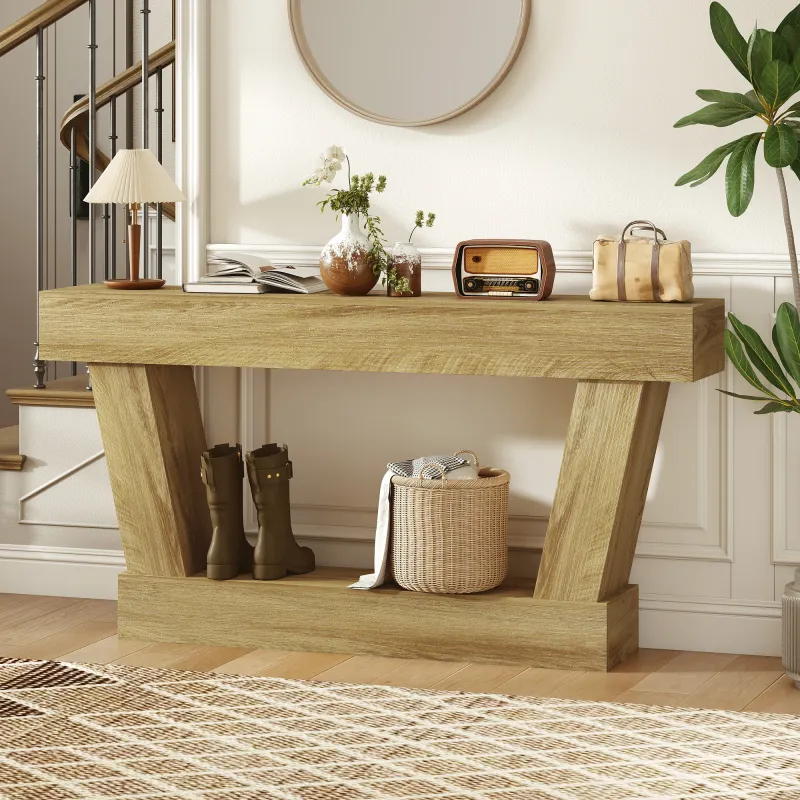 63 Inch Vintage Console Table, Narrow Entryway Table with Open Shelf for Living Room, Oak