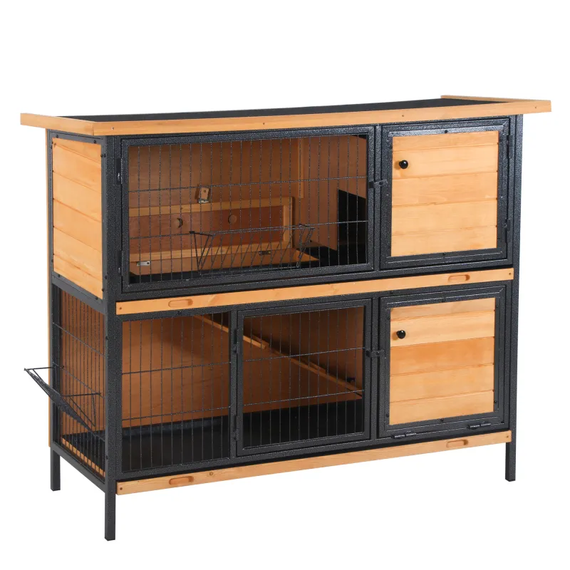 48" 2-Story Large Rabbit Hutch Bunny Cage Wooden Pet House Metal Frame with Rooms, Ramp, No Leak Tray, Feeding Trough