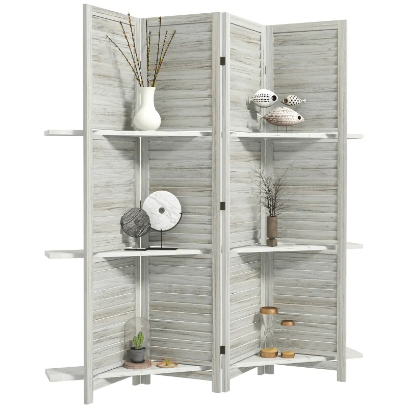 4 Panel 67" Tall Wood Privacy Screen Room Divider with 3 Shelves and Folding Storage for Bedroom, Distressed White