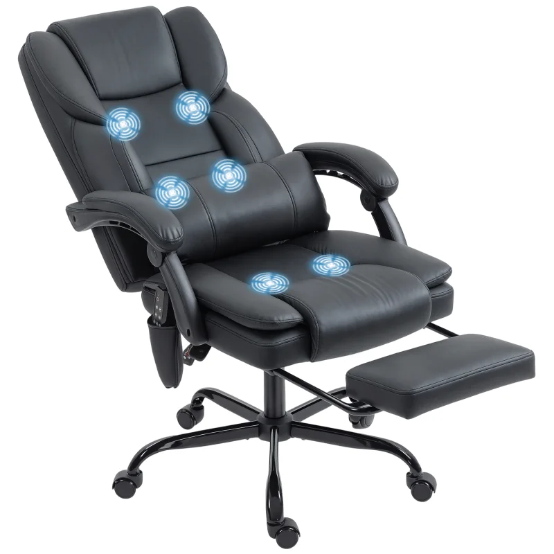 Office Chair with Massage, Pet-Friendly Faux Leather Reclining Desk Chair with Lumbar Support, Footrest, Black