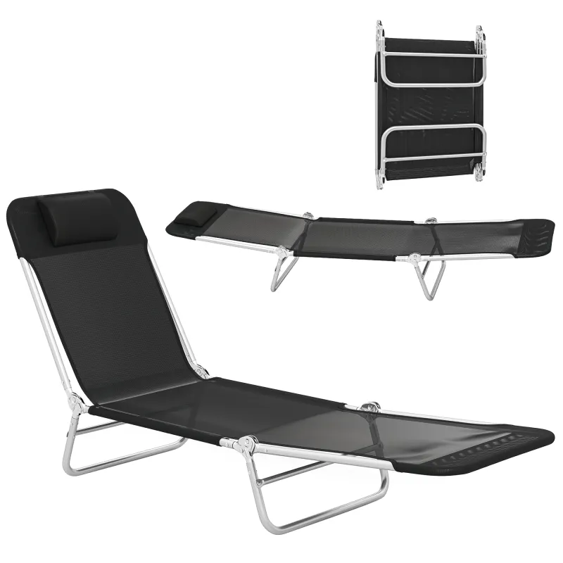Folding Chaise Lounge Chair, Portable Tanning Chair with Adjustable Backrest, Pillow for Beach Poolside Patio, Black