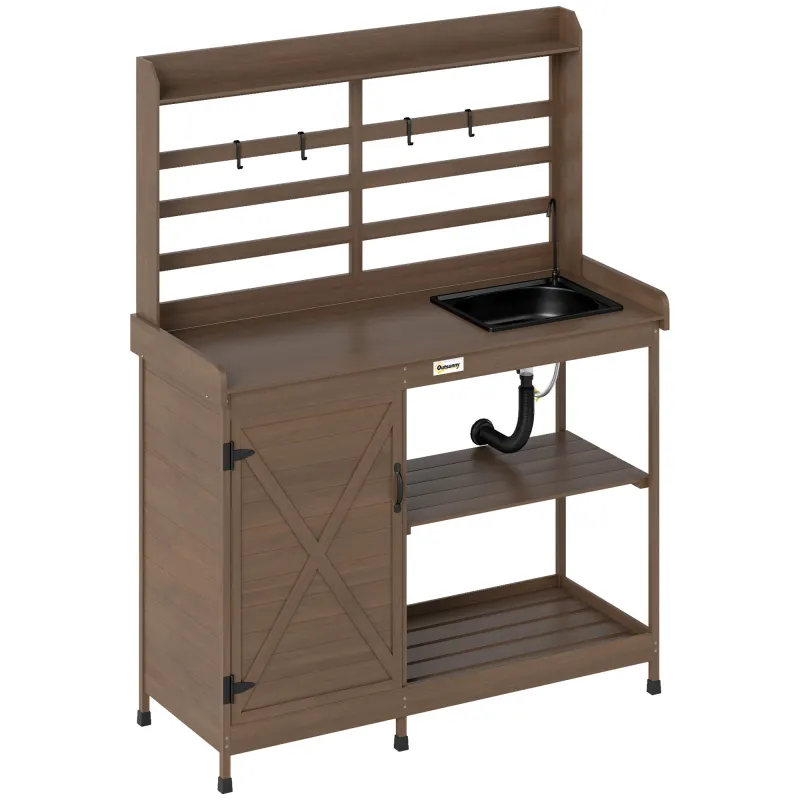Wooden Potting Bench with Storage, Sink, Water Tap for Backyard, Patio, Balcony, Dark Brown