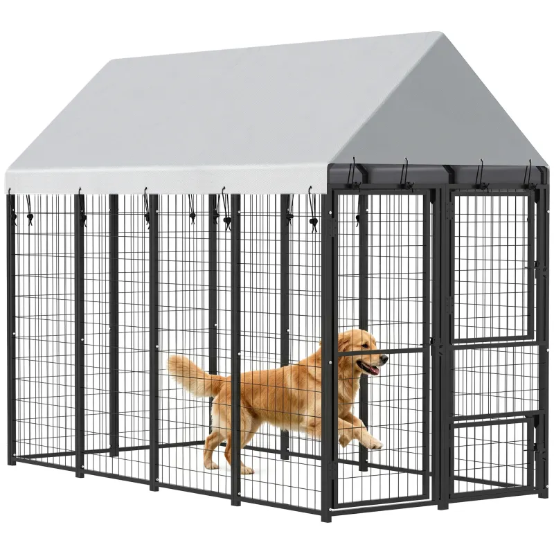 Large Dog Kennel Outdoor with Roof, 3 Doors, Expandable Heavy Duty Dog Kennel Dog Run for All Breed Sizes, 8' x 4' x 6'