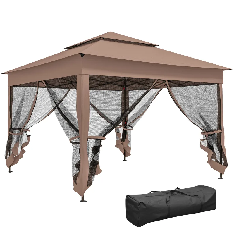 Outdoor Patio Pop Up Canopy Gazebo Shelter with Zipper Netting, Carry Bag, 11' x 11', Brown