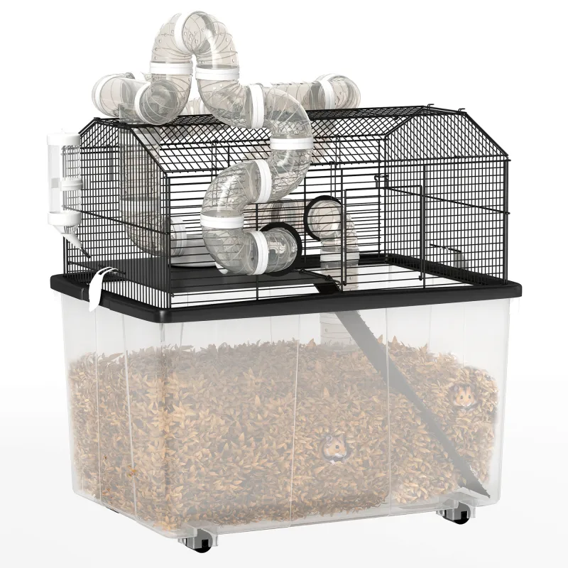 2 Tier Hamster Cage with 12" Deep Tray, Tube System, Water Bottle, Ramp, Feeding Bowl, 23" x 17" x 22", Black
