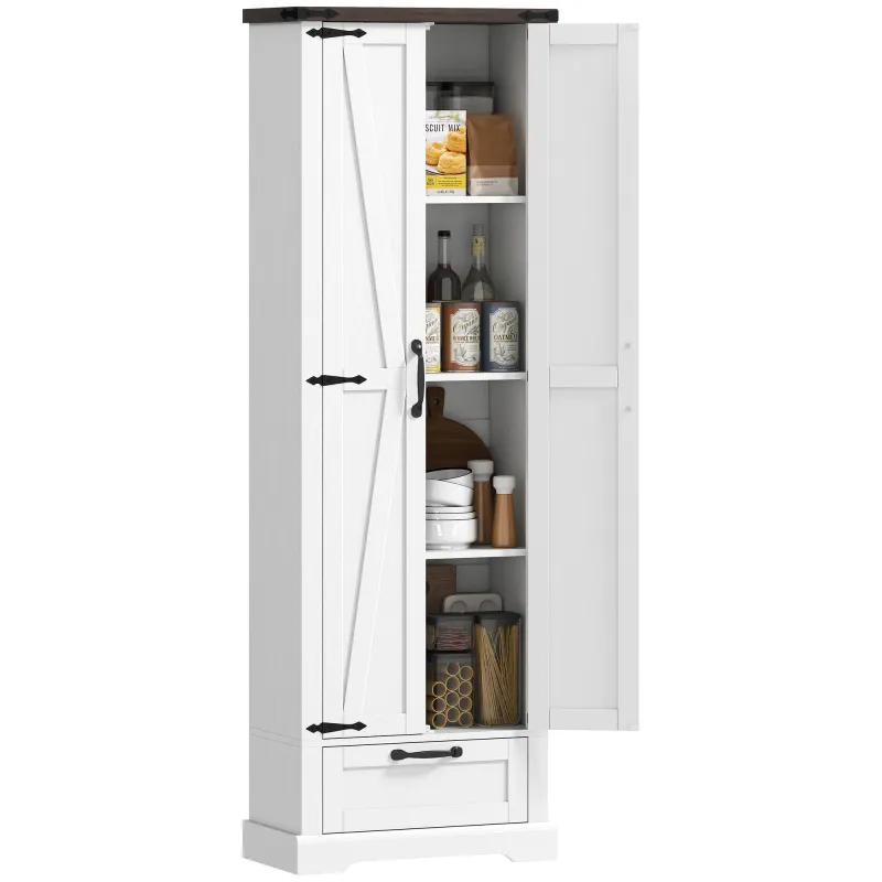 71" Pantry Cabinet, Kitchen Storage Cabinet with Adjustable Shelves, Barn Doors and Drawer for Dining Room, White