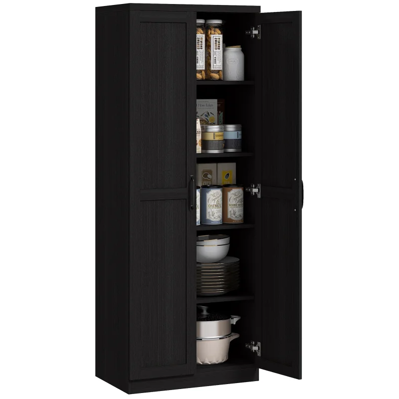 63" 2-Door Kitchen Pantry, Freestanding Cabinet with 2 Adjustable Shelves for Dining Room, Cinnamon Black Wood Grain