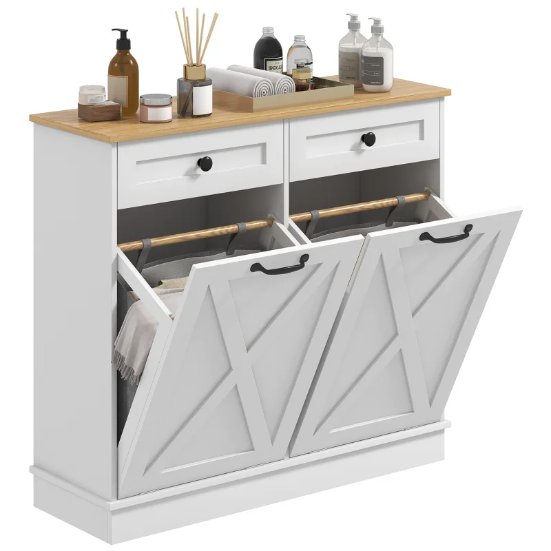 Tilt Out Laundry Hamper Cabinet, Bathroom Storage Cabinet with 2 Removable Baskets and 2 Drawers, White