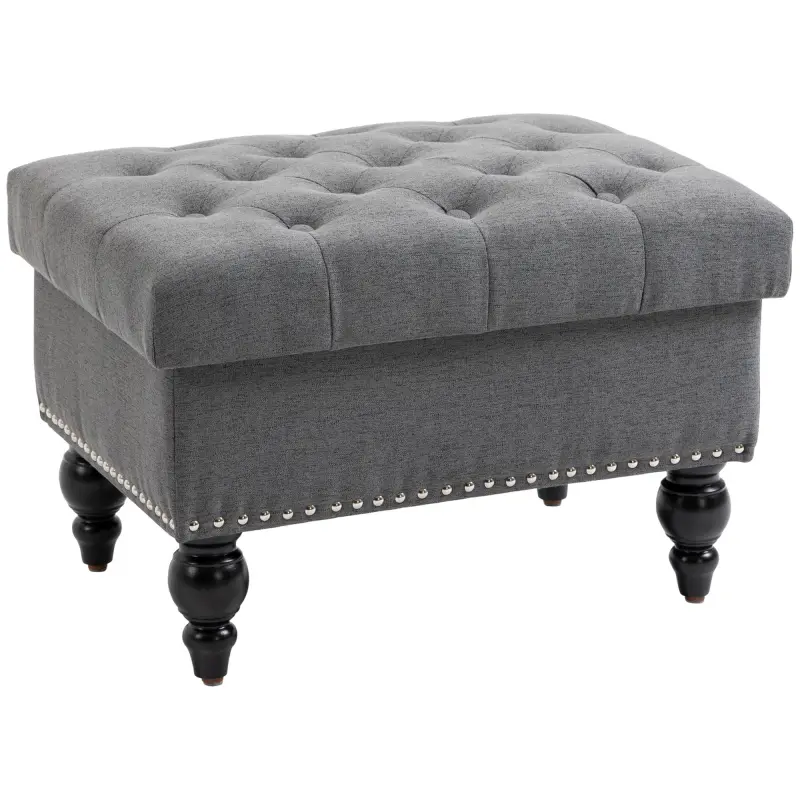 Ottoman with Storage for Living Room, 25" Storage Ottoman with Removable Lid, Button-Tufted Fabric Bench for Footrest and Seat with Wood Legs, Gray