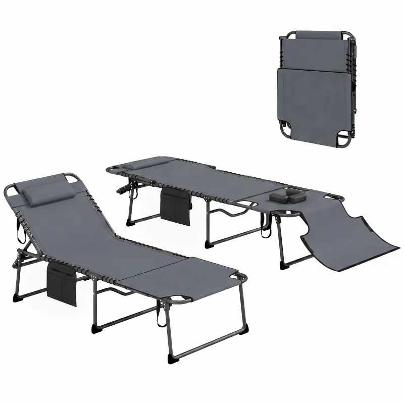 2 Piece Folding Chaise Lounge Pool Chairs with 5-level Reclining Back, Reading Hole, Side Pocket, Gray