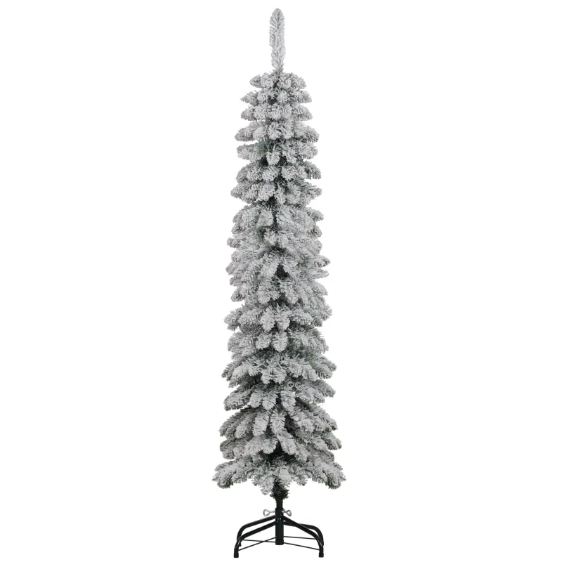 5' Tall Unlit Slim Pencil Xmas Tree, Snow-Flocked Artificial Christmas Tree with Realistic Branches and 301 Tips, Green