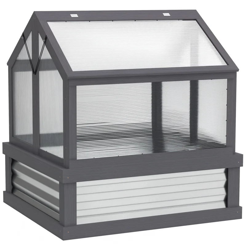 Raised Garden Flower Bed Kit with Greenhouse, Wooden Cold Frame Planter, 35.5" x 31.5" x 36", Gray