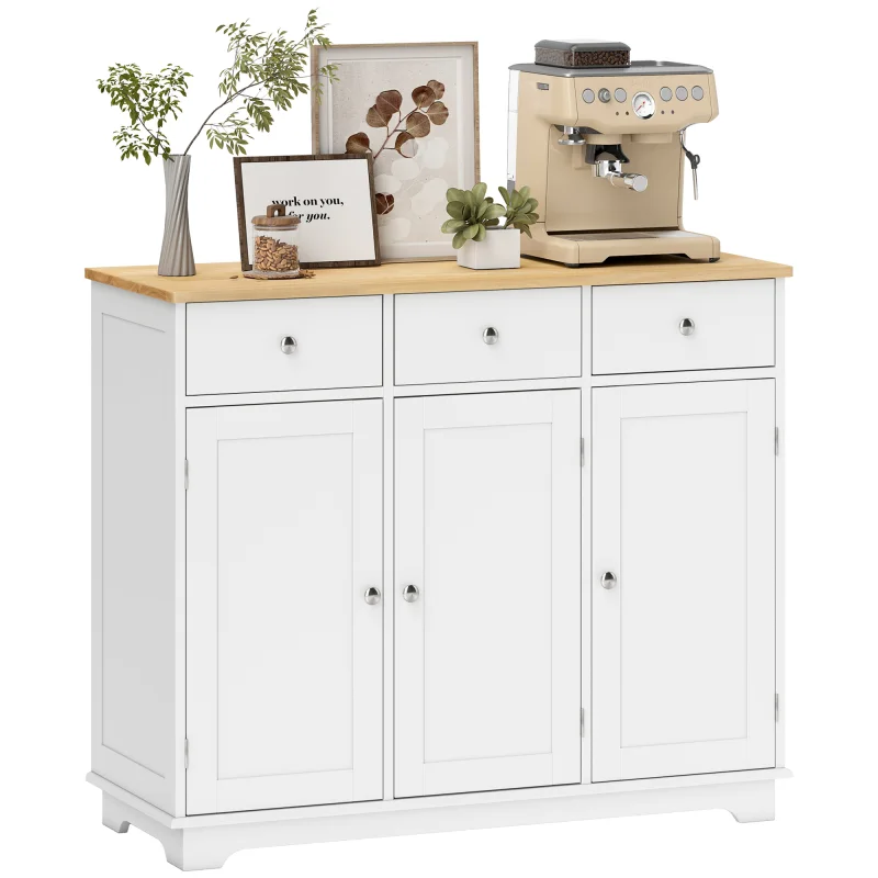Kitchen Storage Cabinet, Sideboard Floor Cupboard with Solid Wood Top, Adjustable Shelf, and 2 Drawers, White