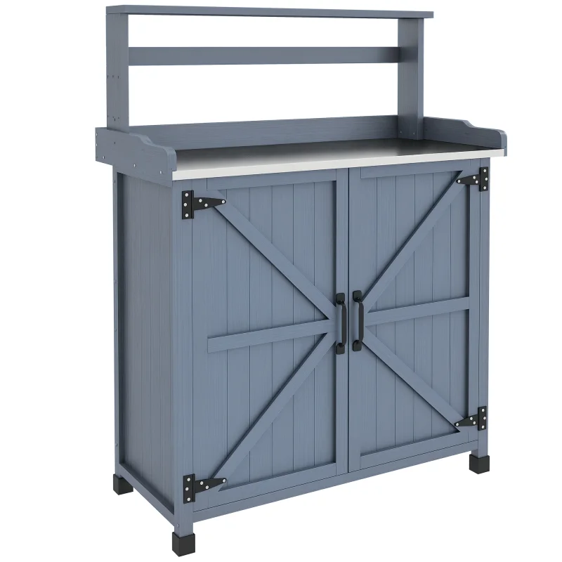 Outdoor Wooden Potting Bench with Storage Cabinet, Shelves, Galvanized Plated Tabletop for Backyard, Balcony, Gray