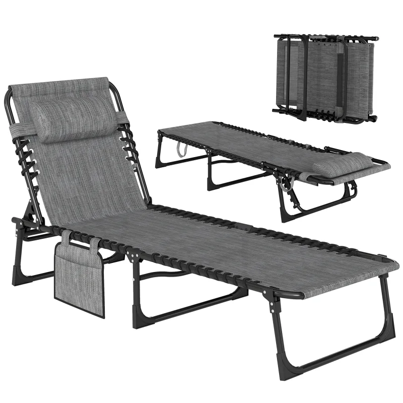 Folding Chaise Lounge Chair Outdoor, Sun Tanning Chair with Side Pocket, Carrying Strap, Portable Patio Beach Lounger with 5-Position Reclining Back, Headrest for Pool, Camping, Yard, Gray