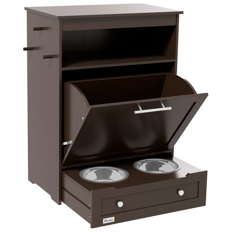 Pet Feeder Station Storage Cabinet, Dog Food Storage Container with Dog Raised Bowls, Watering Supplies, Gray