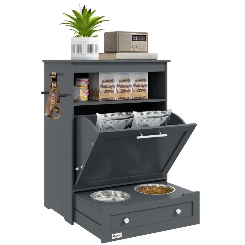 Pet Feeder Station Storage Cabinet, Dog Food Storage Container with Dog Raised Bowls, Watering Supplies, Gray